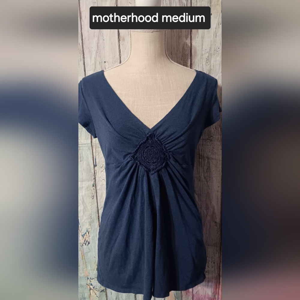 Motherhood Maternity Blue Ruched Blouse with Short Sleeves